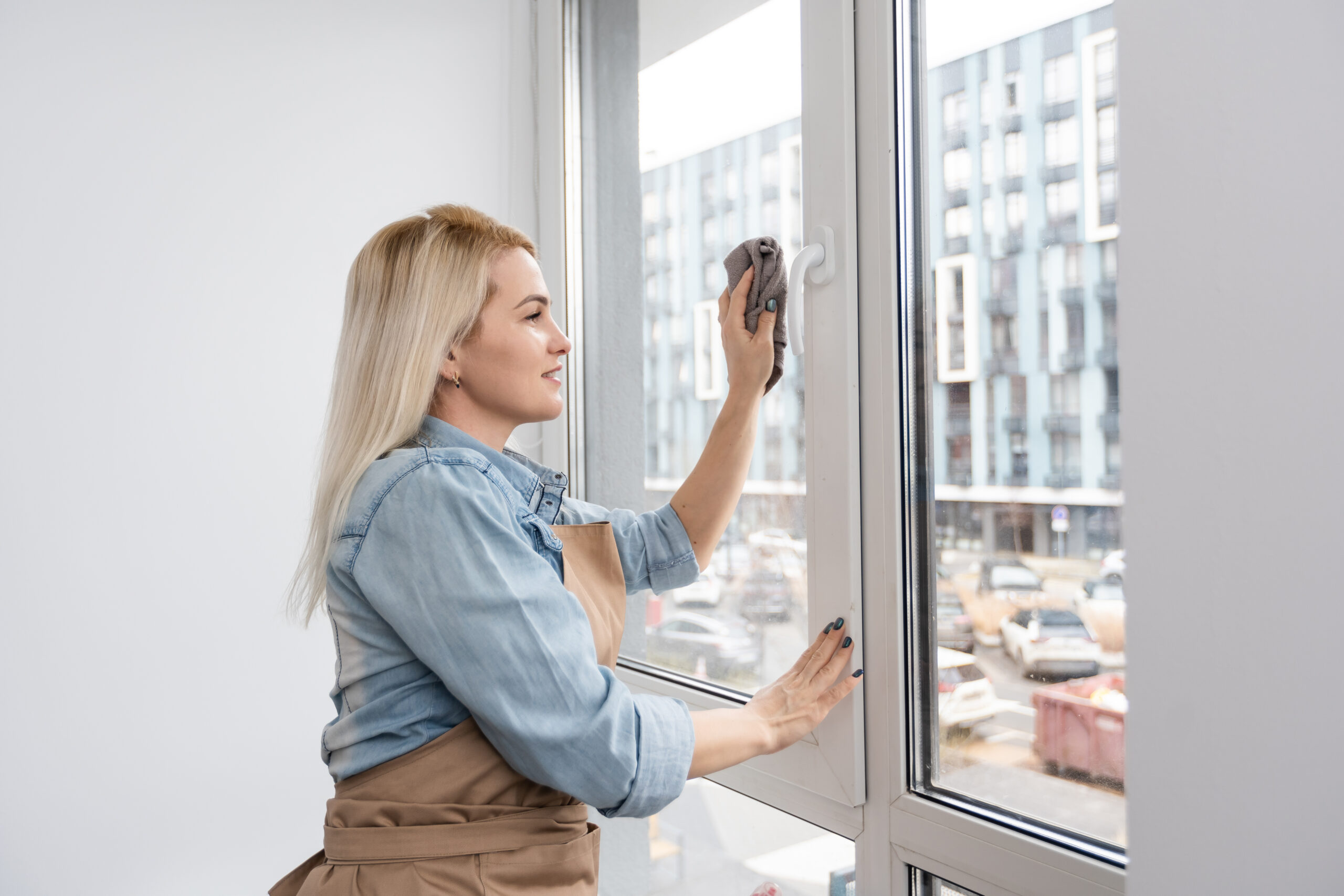 Young Smiling Woman Washing Window with Sponge. Happy Beautiful Girl Cleaning Window by spraying Cleaning Products and wiping with Sponge. Woman Cleaning House.